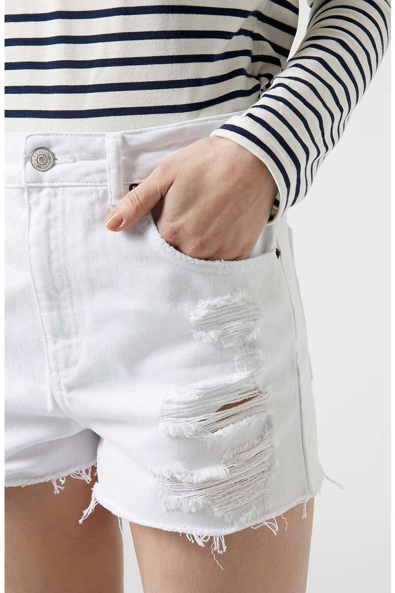 Moto White Denim Shorts, Alternate, color, WHITE