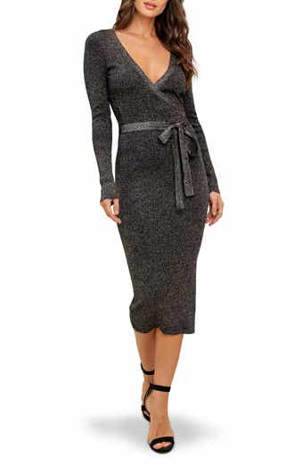 FLYING TOMATO Long Sleeve Metallic Rib Midi Dress