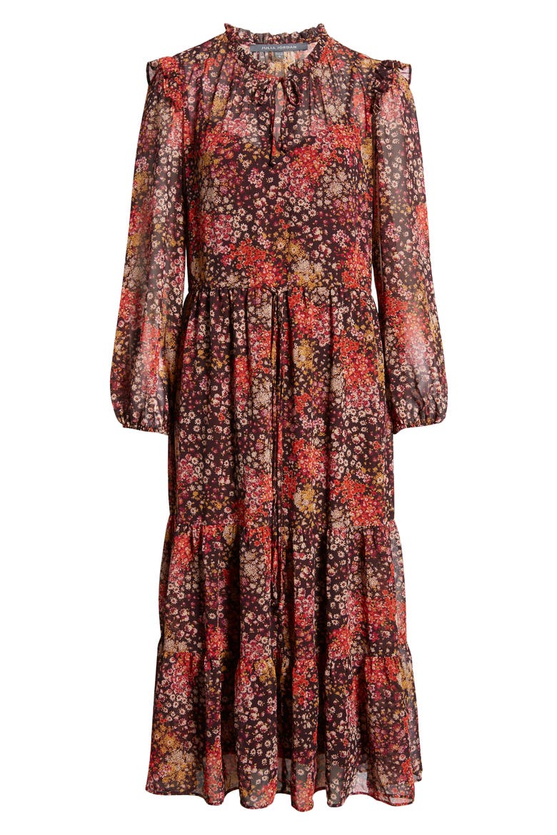Floral Print Long Sleeve Tiered Midi Dress, Alternate, color, BROWN MULTI