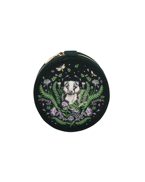 Nocturnal Garden Badger Embroidered Green Circle Jewellery Box
