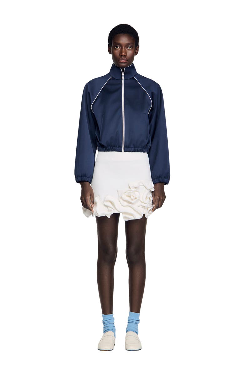 SANDRO Embroidered cropped satin jacket, Alternate, color, Navy / Black