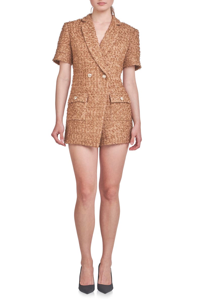 Endless Rose Double Breasted Tweed Romper, Main, color, Brown