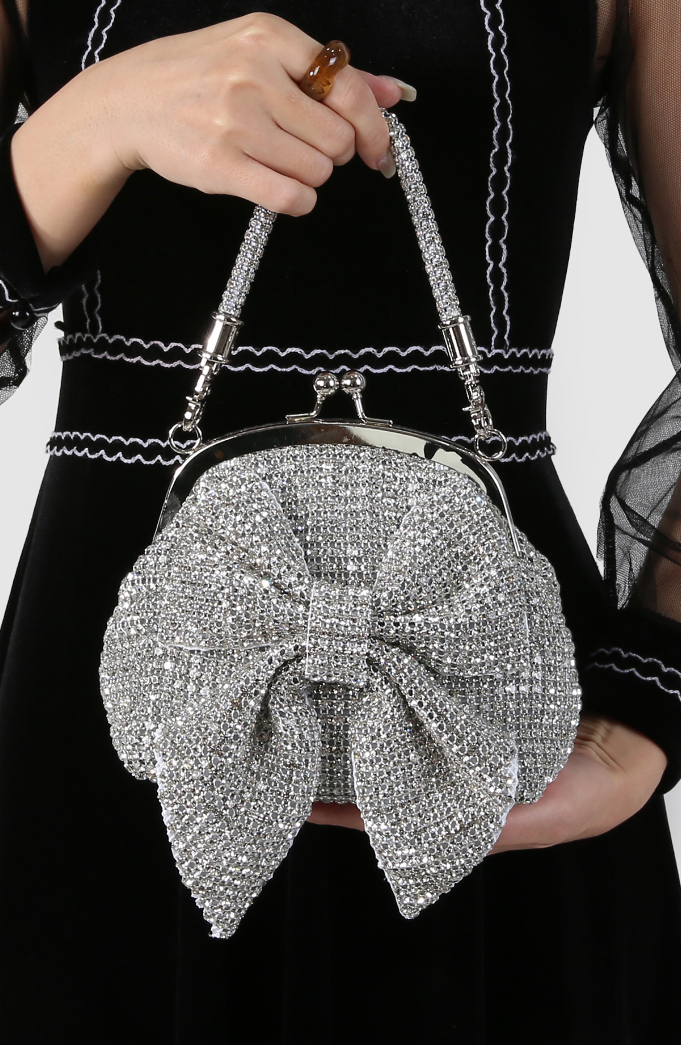 Rhinestone Embellished Bow Handbag, Alternate, color, SILVER