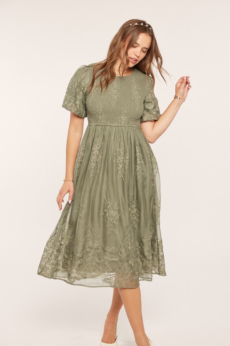 Olive Floral Lace Smocked Midi Dress, Alternate, color, Light Olive