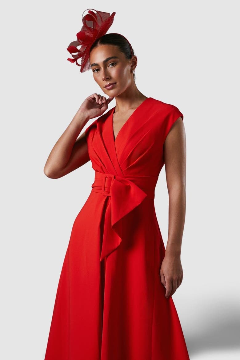 Belted Crepe V-Neck Midi Dress, Alternate, color, Flame Red