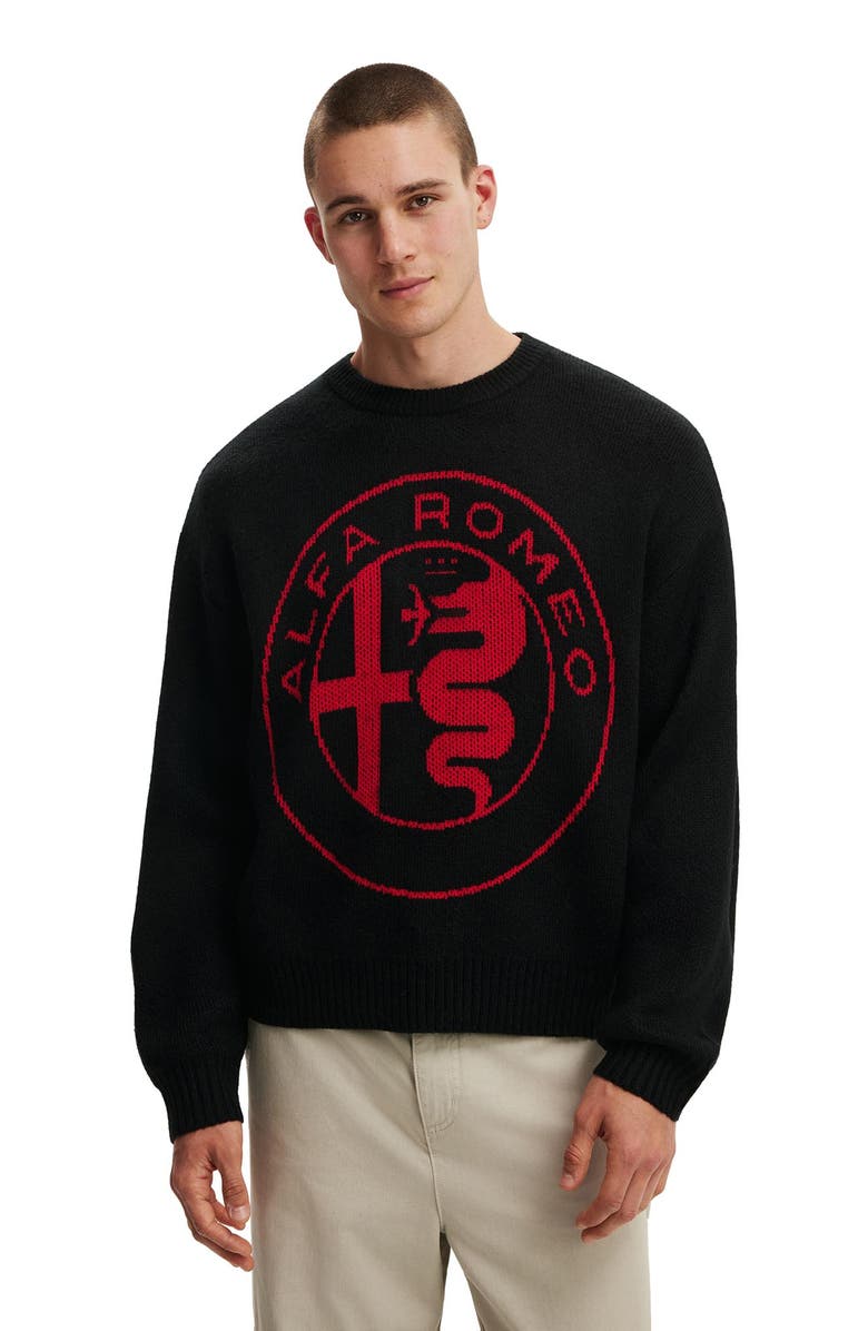 Cotton On Men's Alfa Romeo Box Fit Crew Knit, Main, color, Lcn Alfa Romeo  Black