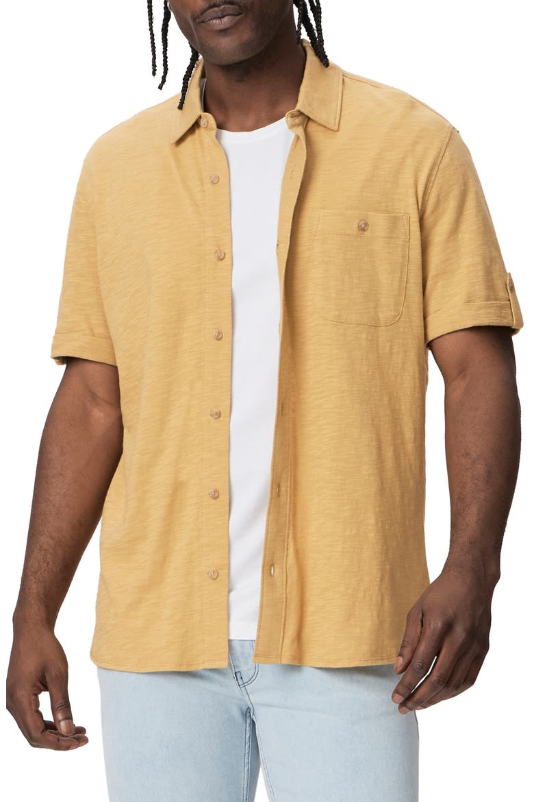 Brayden Short Sleeve Slub Knit Button-Up Shirt, Main, color, CROISSANT
