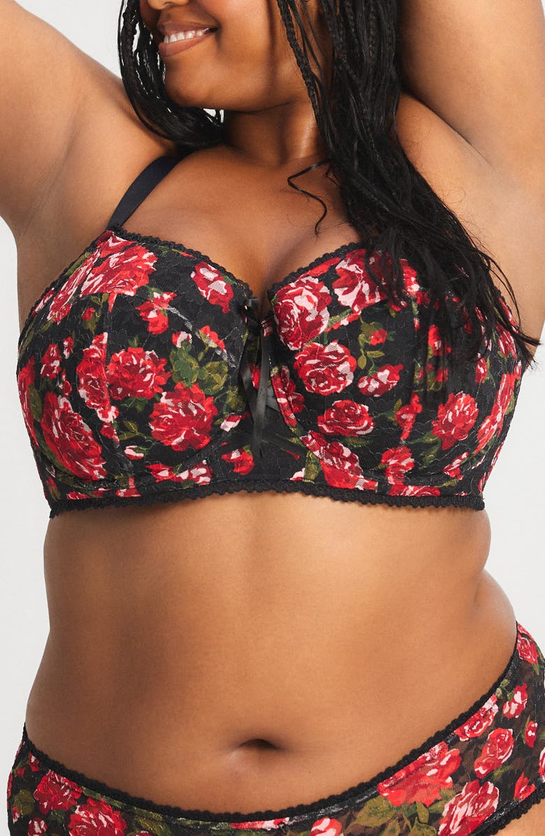 SAVAGE X FENTY Sinful Rose Lace Balconette Bra, Alternate, color, Black Caviar Rosy Passions