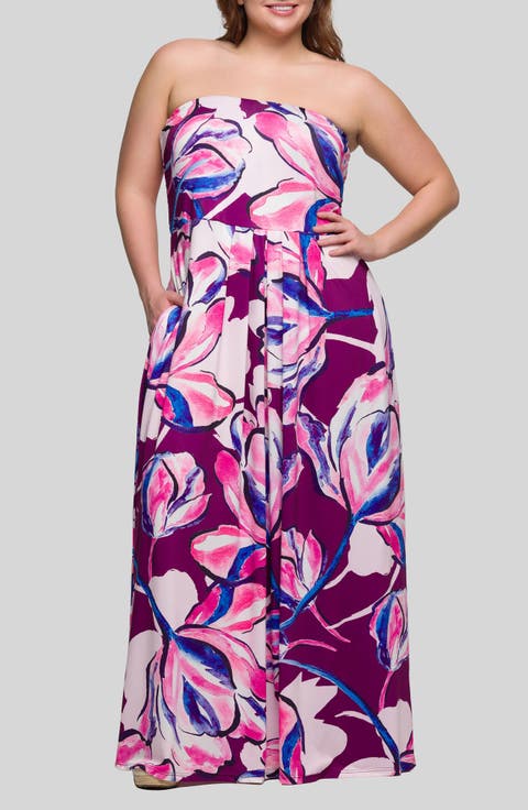 Floral Strapless Knit Maxi Dress (Plus)