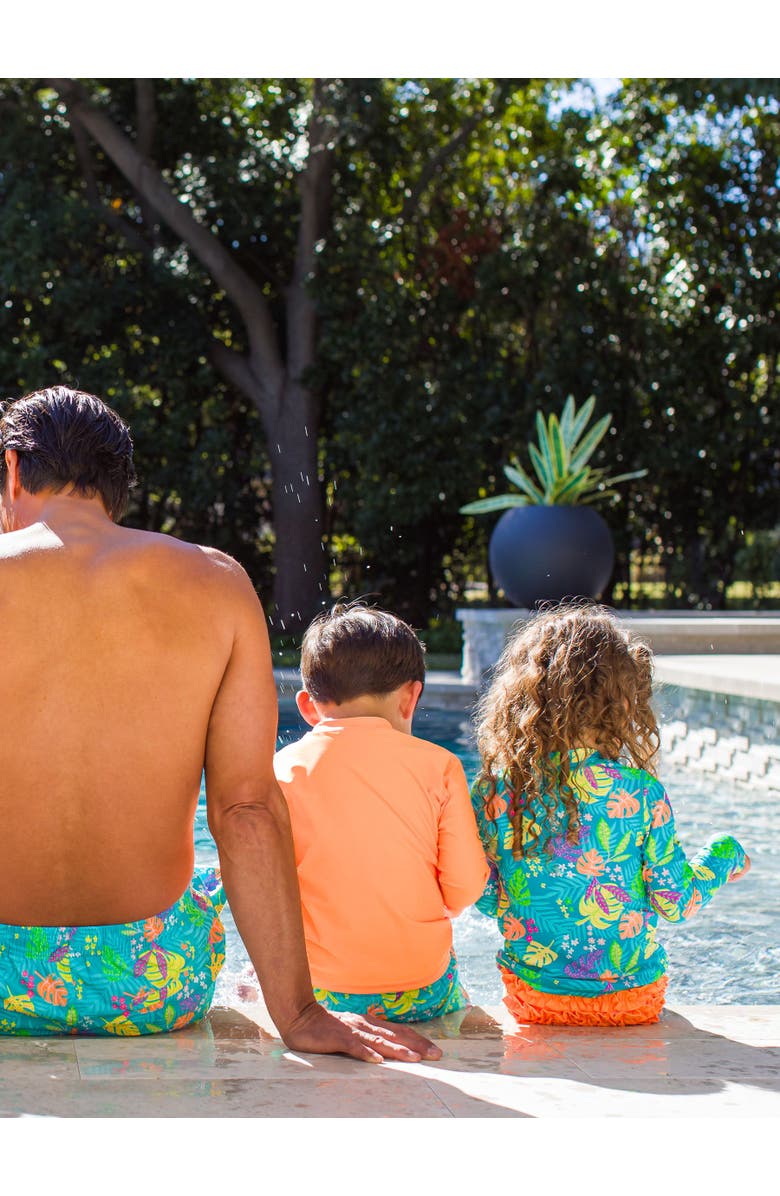 RuffleButts UPF50 Long Sleeve Zipper Rash Guard 2-Piece, Alternate, color, Neon Tiki Vibes