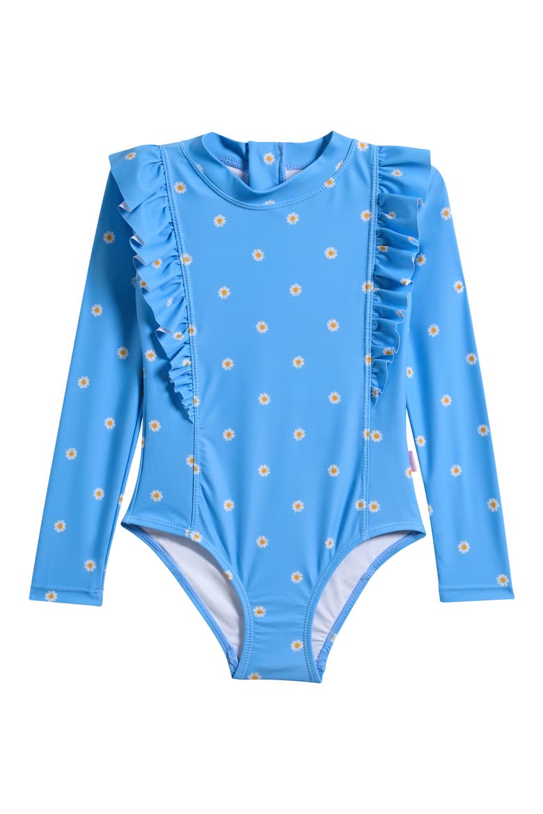 Kids' Daisy Chain One-Piece Rashguard Swimsuit, Main, color, DAISY CHAIN BLUE