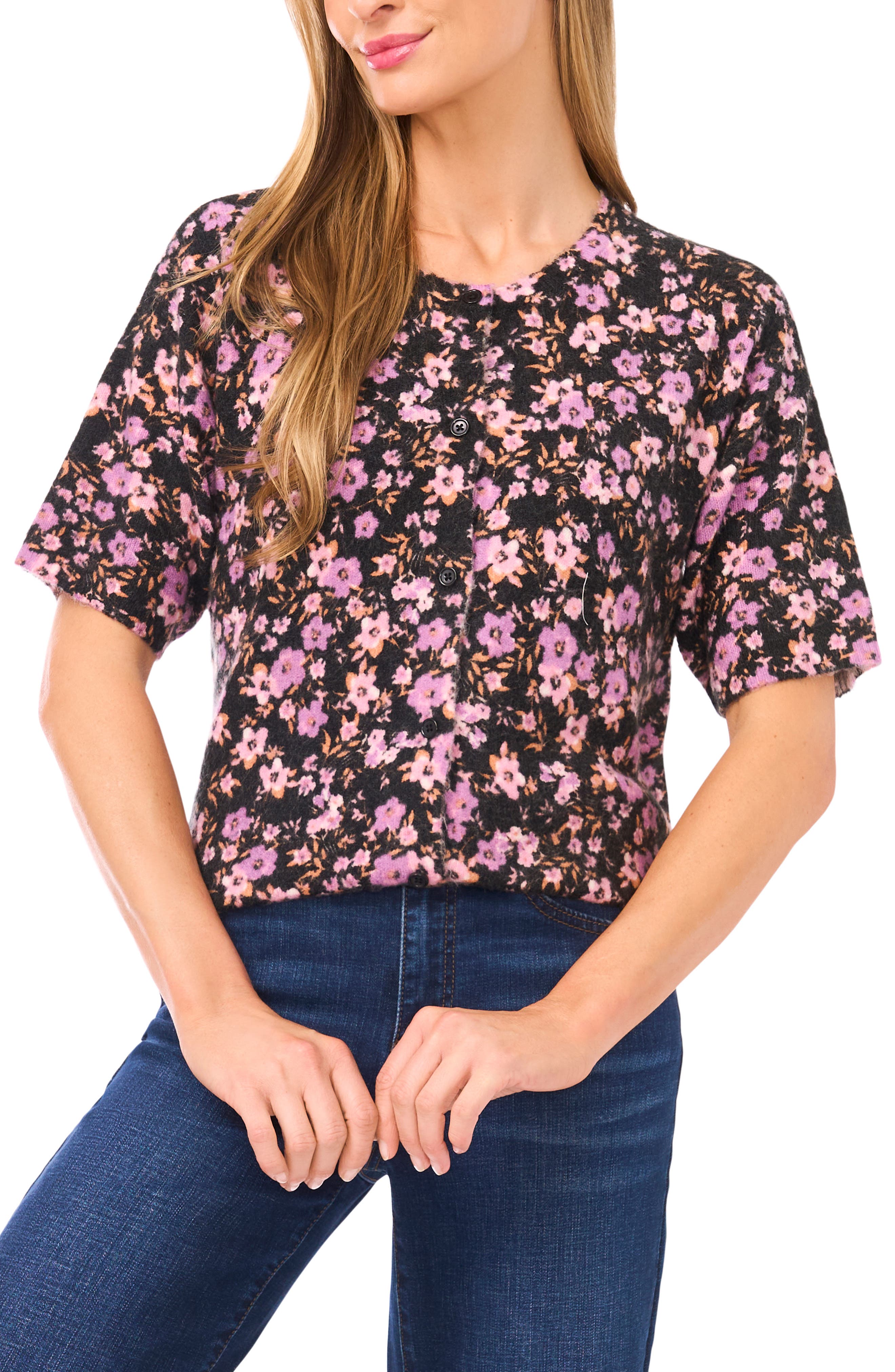 CeCe Floral Print Short Sleeve Cardigan