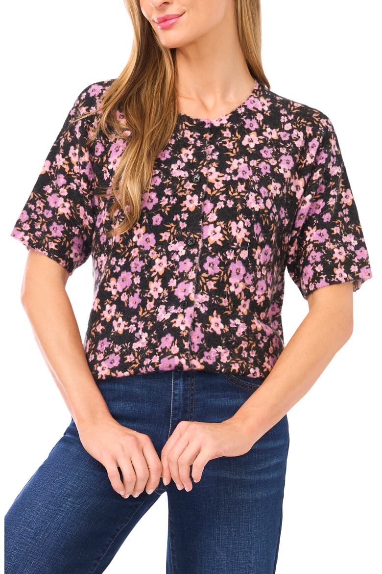 Floral Print Short Sleeve Cardigan, Main, color, RICH BLACK