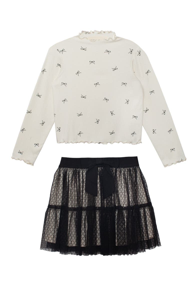 Mabel + Honey Mabel and Honey Bow Chic Two-Piece Set for Girls, Ivory Bow-Print Top and Black Layered Lace Skirt., Main, color, Ivory