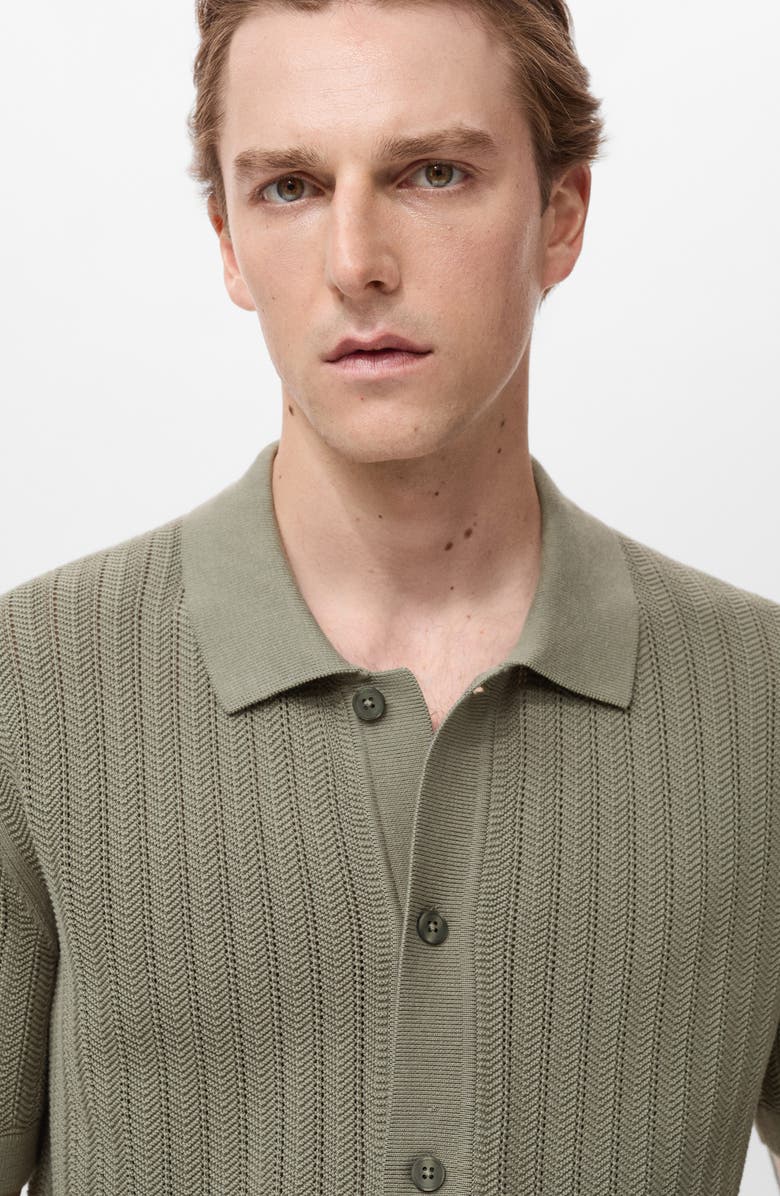 MANGO Textured Short Sleeve Knit Button-Up Shirt, Alternate, color, Khaki Green
