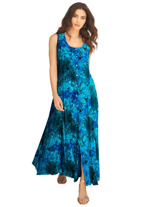 Plus Size Sleveless Hand Crinkled Button Front A Line Maxi Curvy Breezy Dress