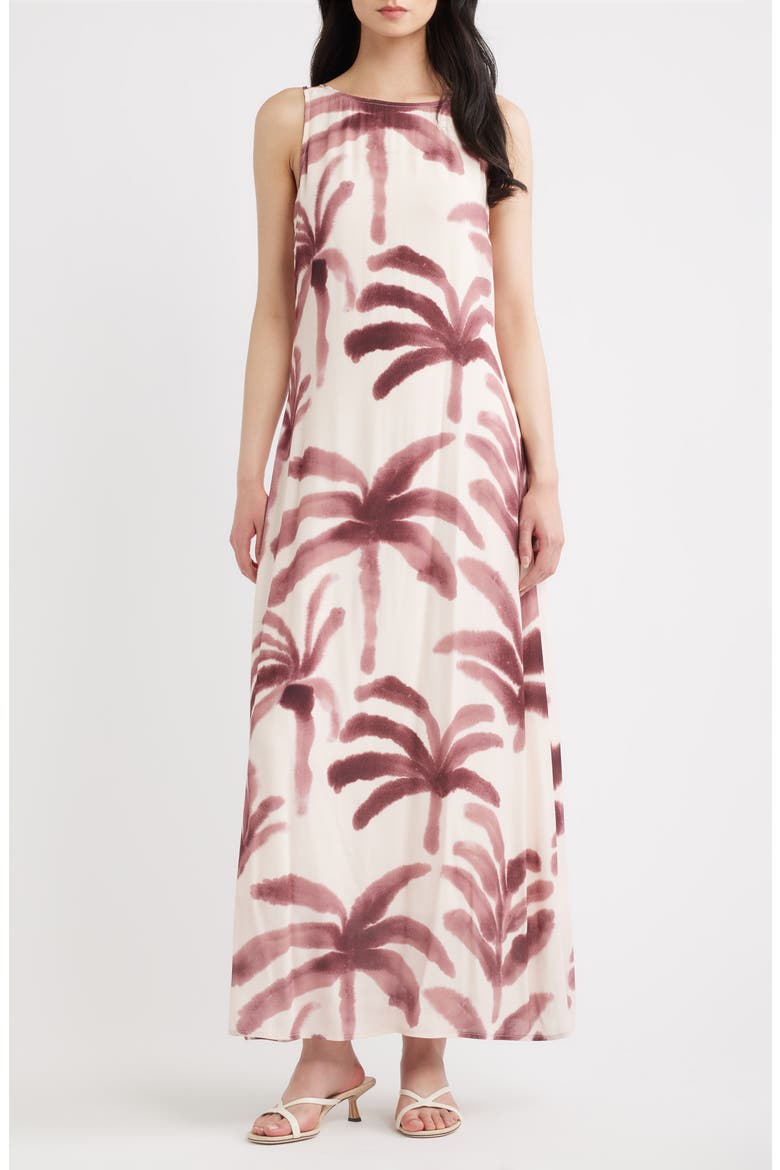 Isle Palm Tree Print Sleeveless Dress, Main, color, COCOA
