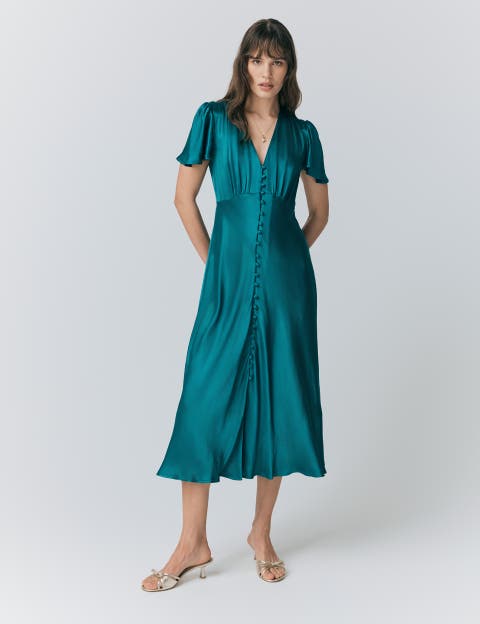 Grace Satin Button V-Neck Dress