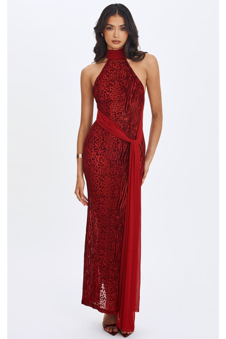 Cerise Burnout Velvet Multiwear Mesh Ribbon Maxi Dress, Main, color, Scarlet