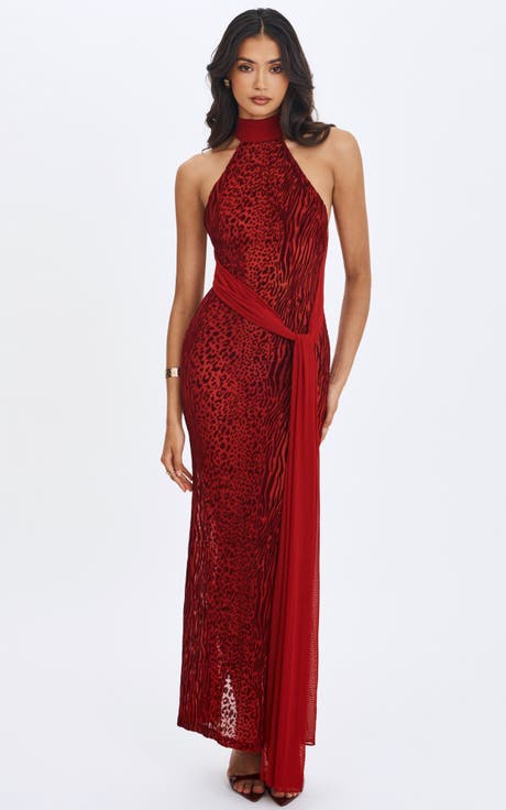 Cerise Burnout Velvet Multiwear Mesh Ribbon Maxi Dress