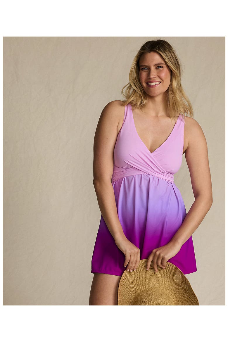 New SlenderSuit Wrap Swim Dress Swimsuit Print, Alternate, color, Crimson Rose/Purple Ombre