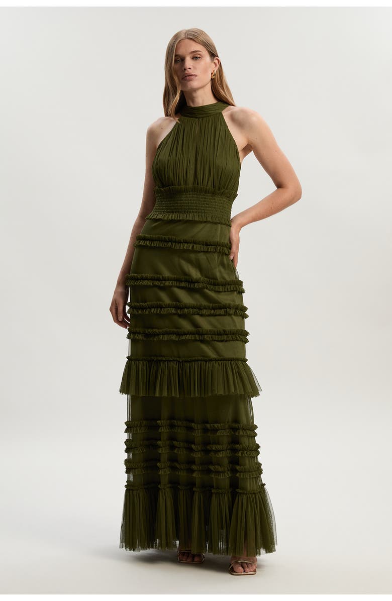 Karen Millen Tulle Layered Halter Neck Maxi Dress, Alternate, color, Khaki