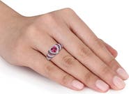 DELMAR Rhodium Plated Heart Shape Created Ruby & Created White Sapphire Ring & Pearl Earrings Set