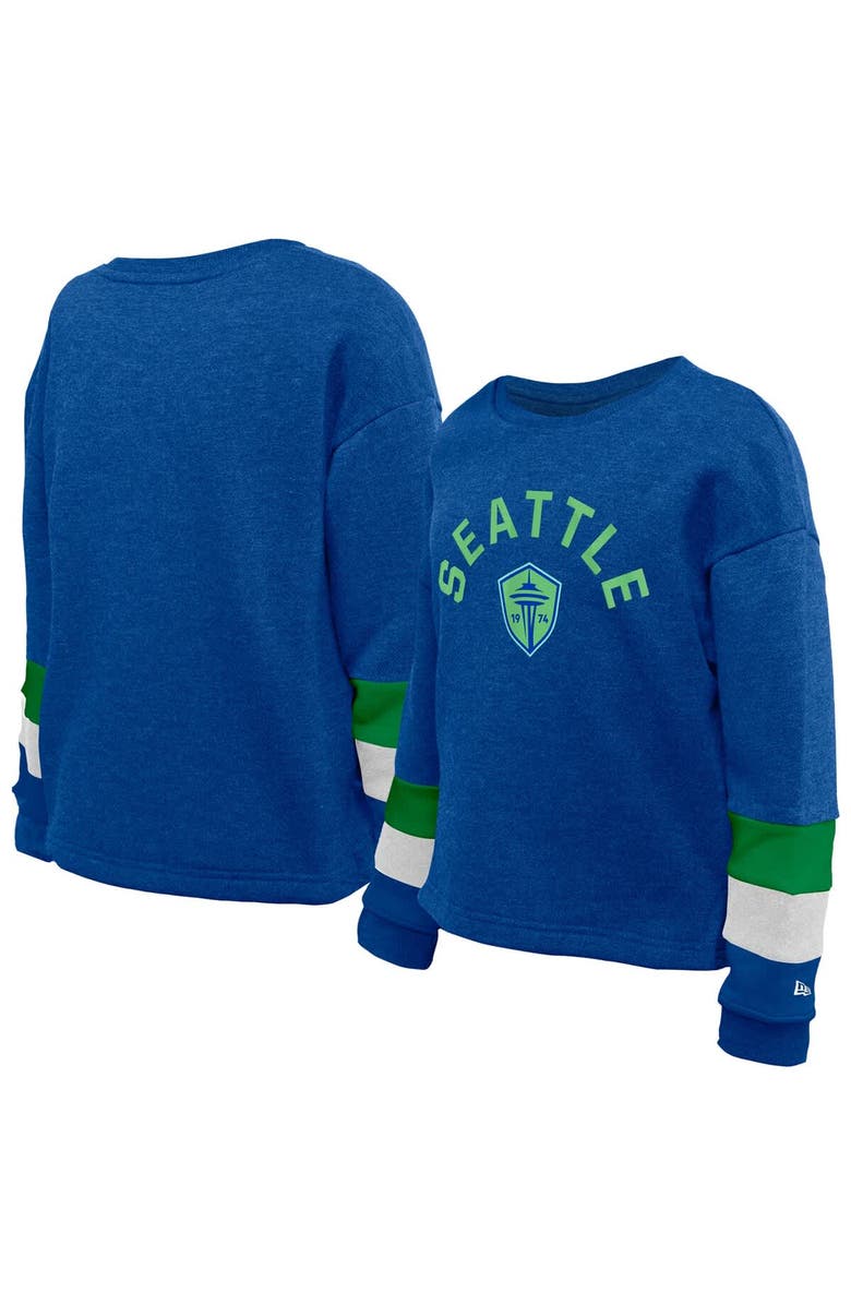5TH AND OCEAN BY NEW ERA Youth Girls 5th & Ocean by New Era  Blue Seattle Sounders FC High-Low Crewneck Sweatshirt, Alternate, color, 