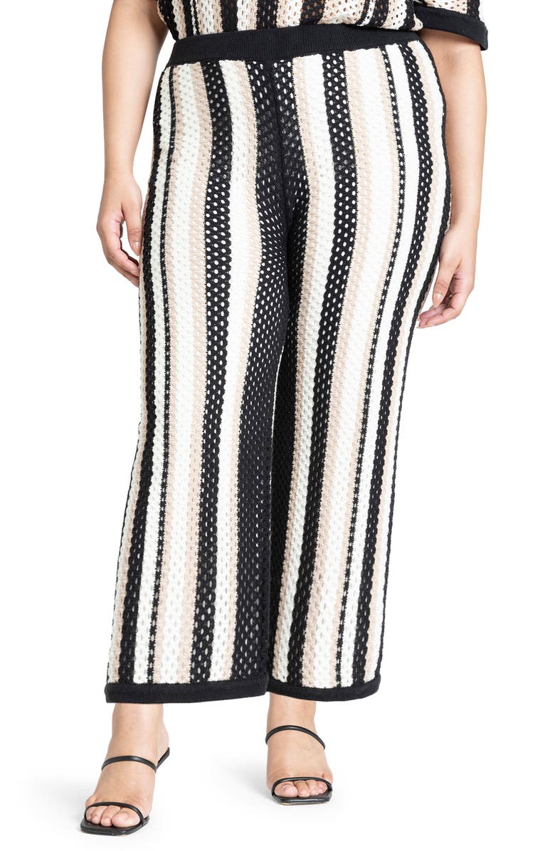 ELOQUII Stripe Open Knit Flare Leg Pants, Main, color,