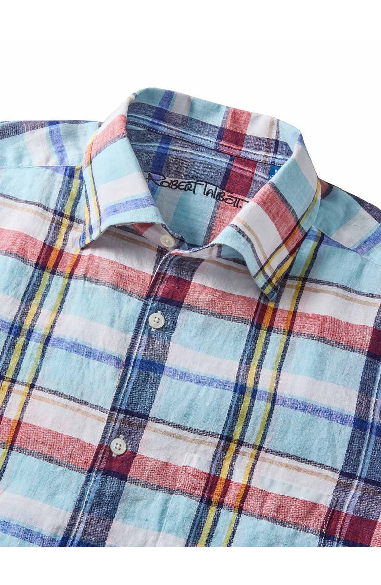Robert Talbott Morgan Plaid Linen Short Sleeve Shirt, Alternate, color, Aqua Multi