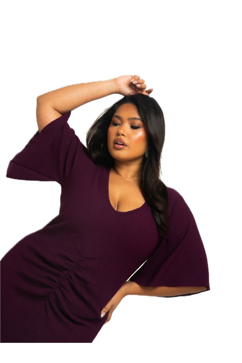 Ruched Flutter Sleeve Midi Dress, Alternate, color, Plum