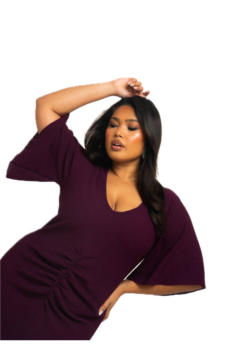 FASHION-SZN CURVE Ruched Flutter Sleeve Midi Dress, Alternate, color, Plum