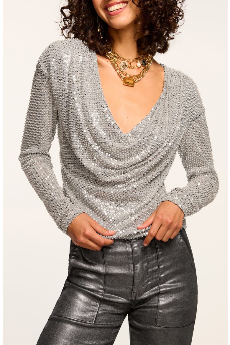 Leon Sequin Cowl Neck Top, Main, color, DOVE GREY BEADED MESH