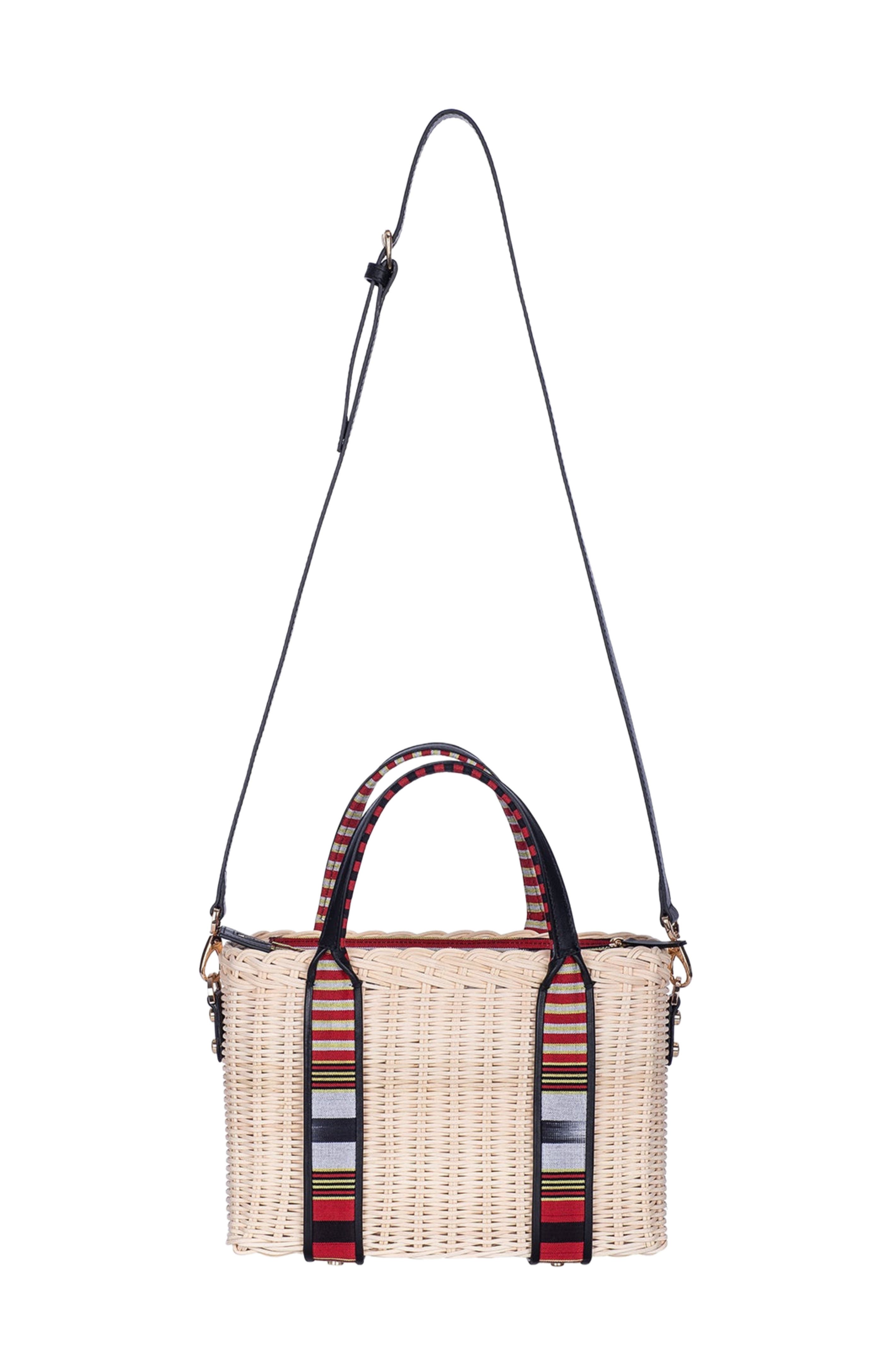 K
ai 
Vrosi Woven Straw Handbag with Leather Trimmed Handles, Alternate, color, Black