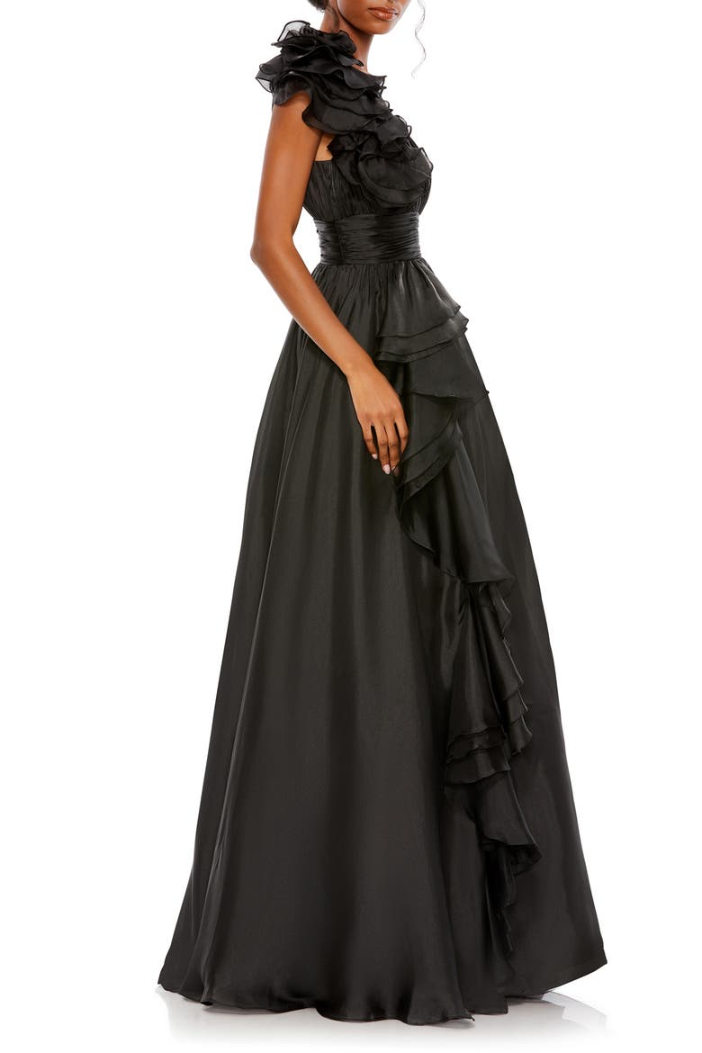 Ruffle Shoulder V-Neck Chiffon Gown, Alternate, color, BLACK
