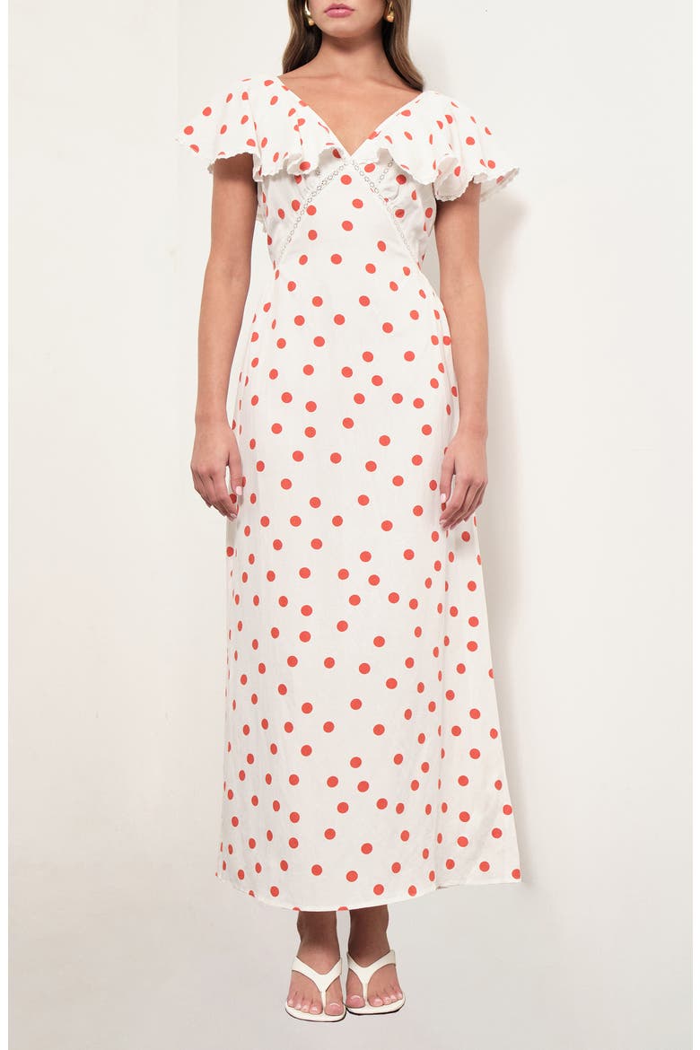 Valerie Polka Dot Flutter Sleeve Midi Dress, Main, color, WHITE ORANGE DOTS