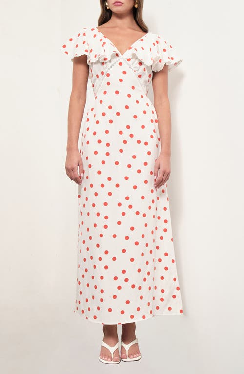 MAUDE CLUB Valerie Polka Dot Flutter Sleeve Midi Dress in White Orange Dots at Nordstrom, Size Large