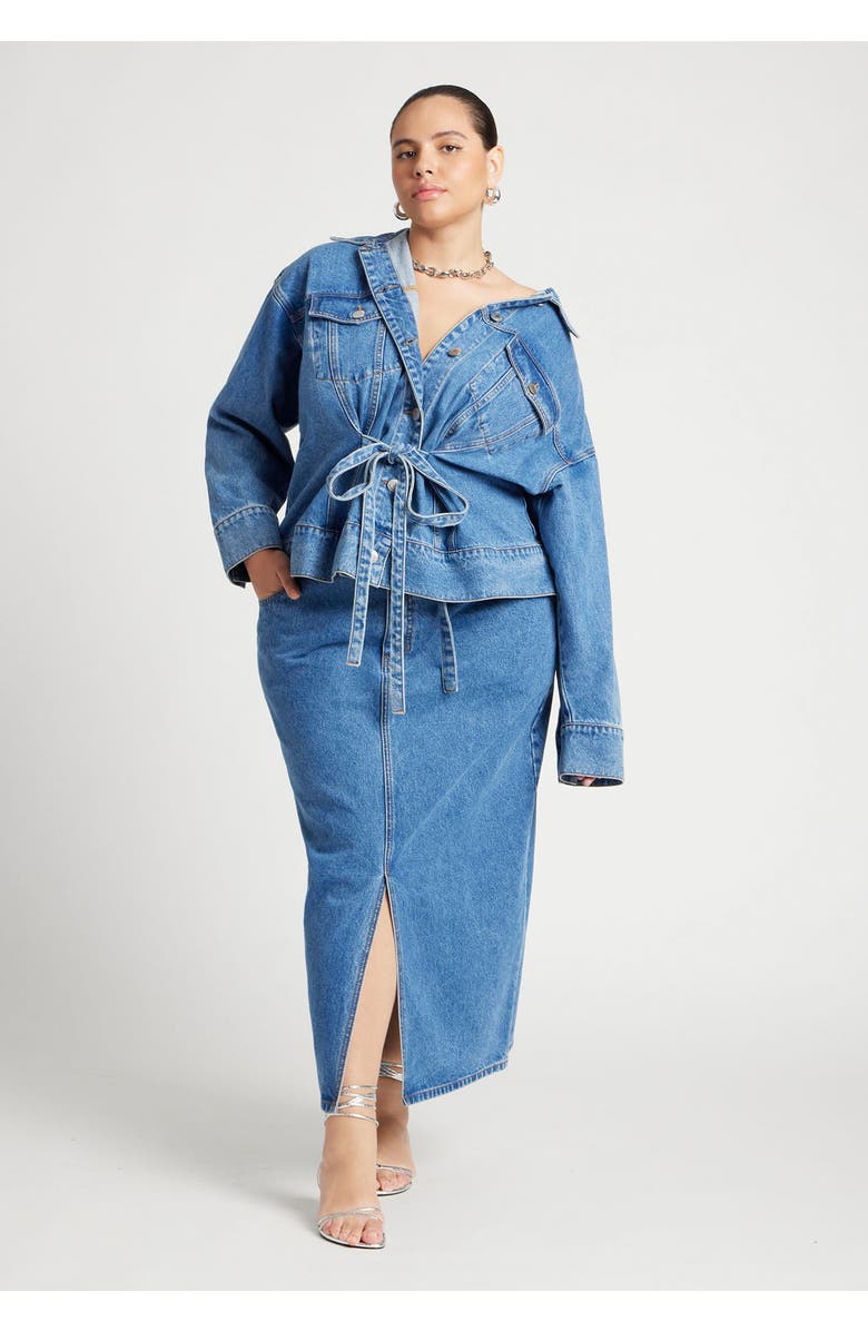 ELOQUII Denim Jacket With Cinched Waist, Alternate, color, Medium Wash