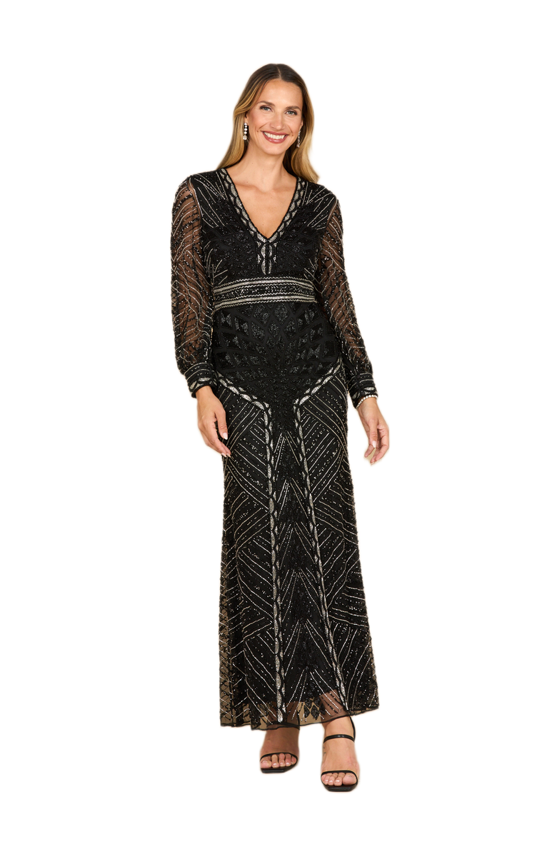 LARA New York V-Neck Beaded Long Sleeve Dress, Main, color, Black