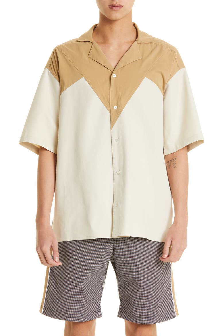 Robyn Colorblock Short Sleeve Button-Up Shirt, Main, color, CAMEL/ BEIGE