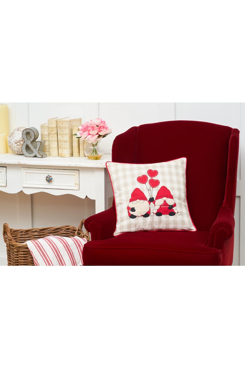 Gnomes w/ Heart Balloons Embroidered Valentine's Day Accent Throw Pillow 18" x 18", Alternate, color, Red