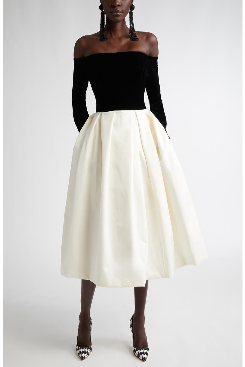 Off the Shoulder Long Sleeve Velvet & Satin Midi Dress, Main, color, BLACK/ WHITE