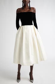 Carolina Herrera Off the Shoulder Long Sleeve Velvet & Satin Midi Dress