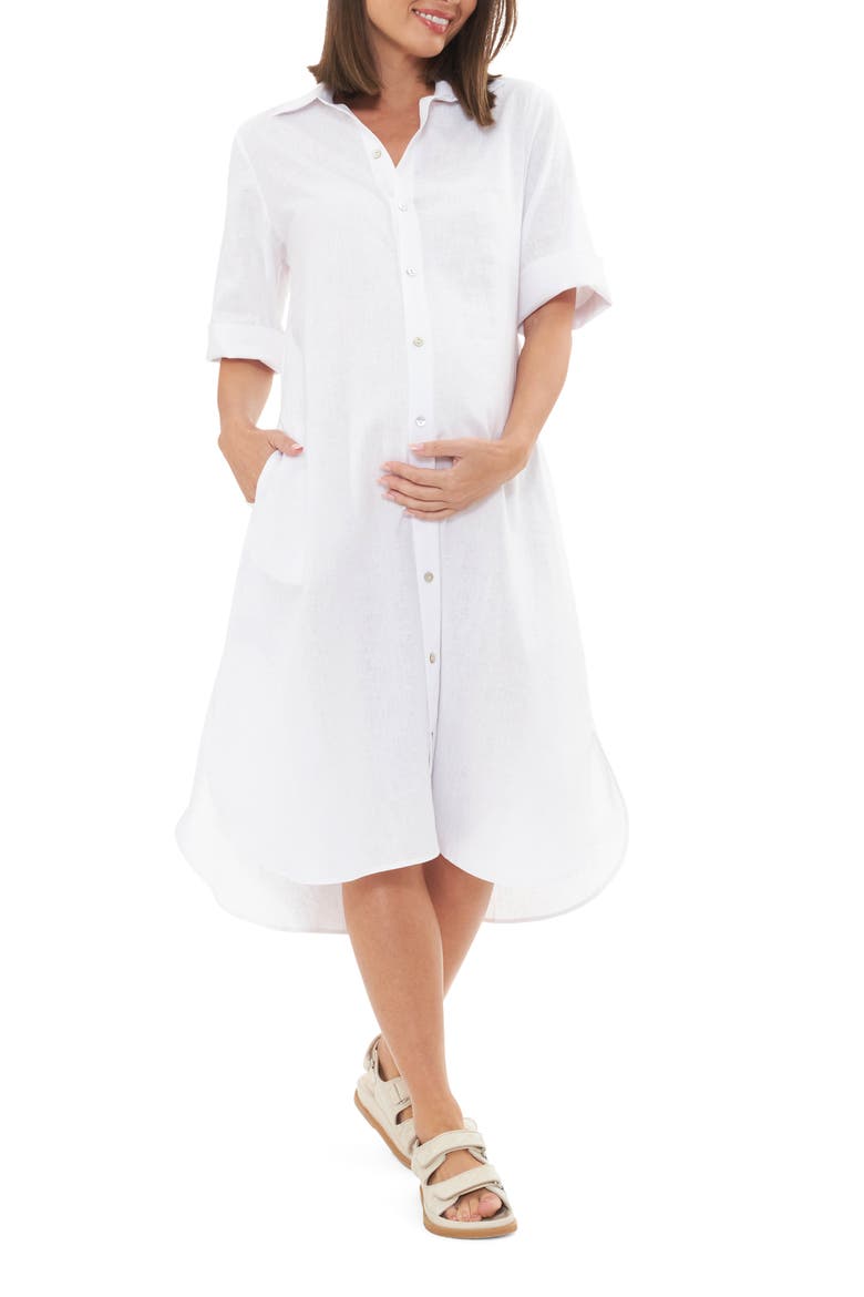 Joyce Belted Linen Blend Midi Maternity Shirtdress, Alternate, color, WHITE