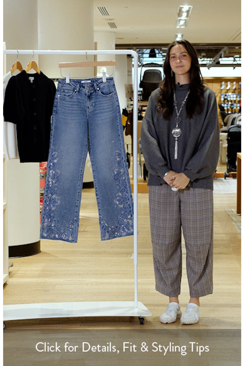 Floral Embroidered Raw Hem Wide Leg Jeans video