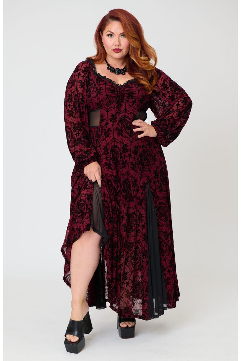Plus Size Sheer Spiderweb Godet Maxi Dress, Main, color, Red Swirling Floral Print
