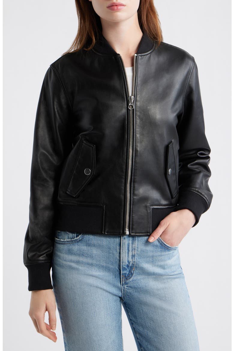 Shrunken Leather Bomber Jacket, Alternate, color, TRUE BLACK