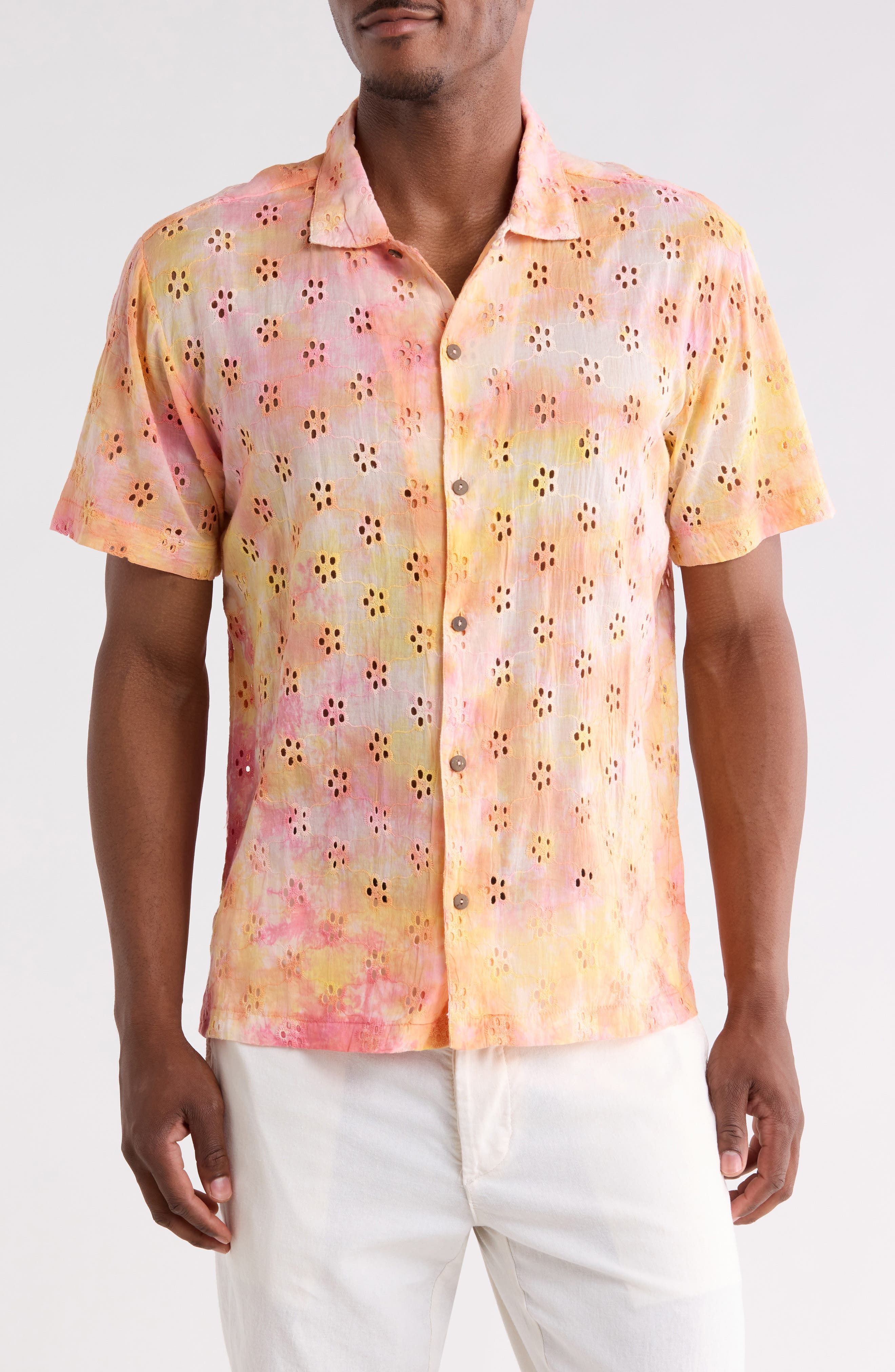 Sunrise Floral Eyelet Short Sleeve Button-Up Shirt