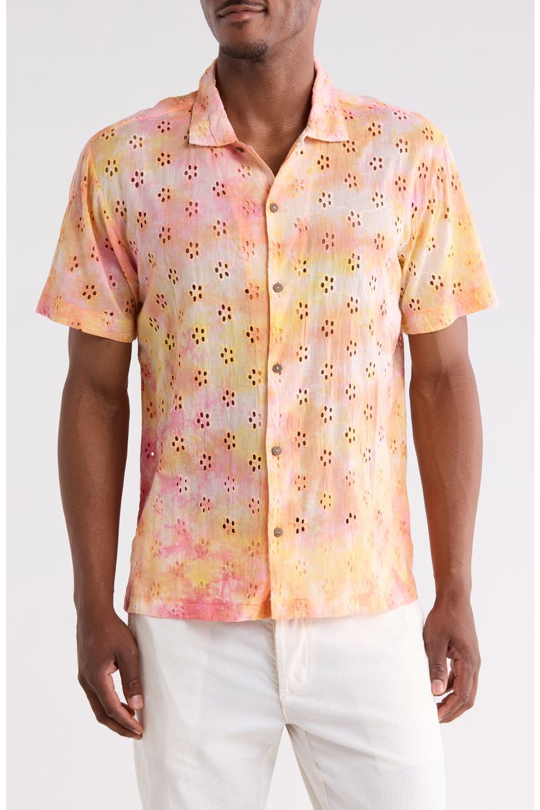 Sunrise Floral Eyelet Short Sleeve Button-Up Shirt, Main, color, PINK