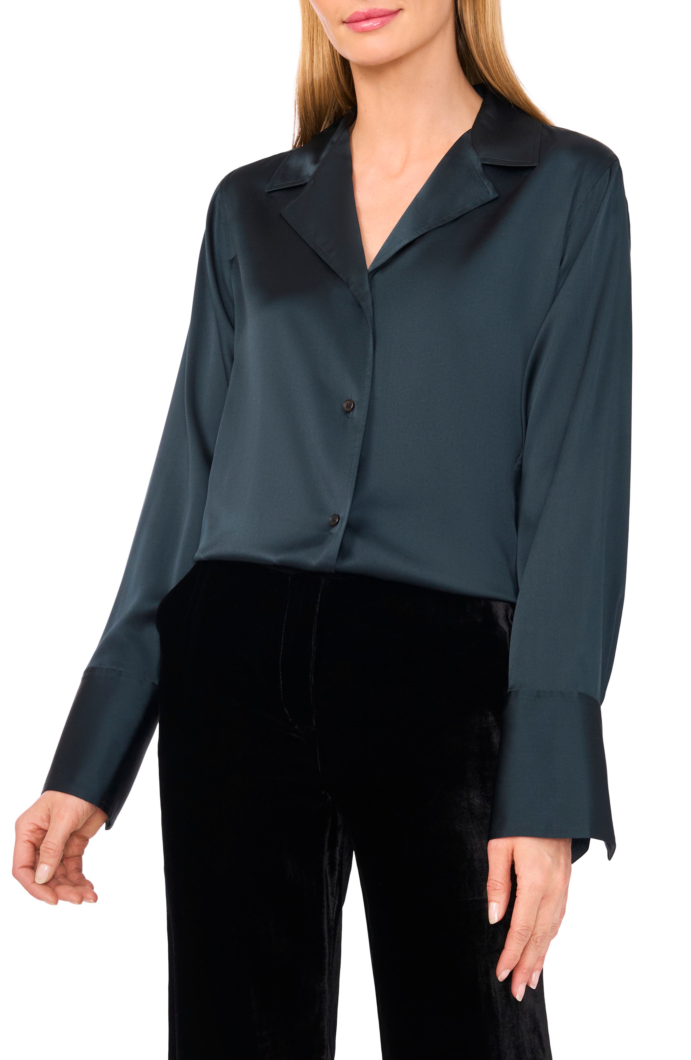 Stretch Satin Button-Up Shirt